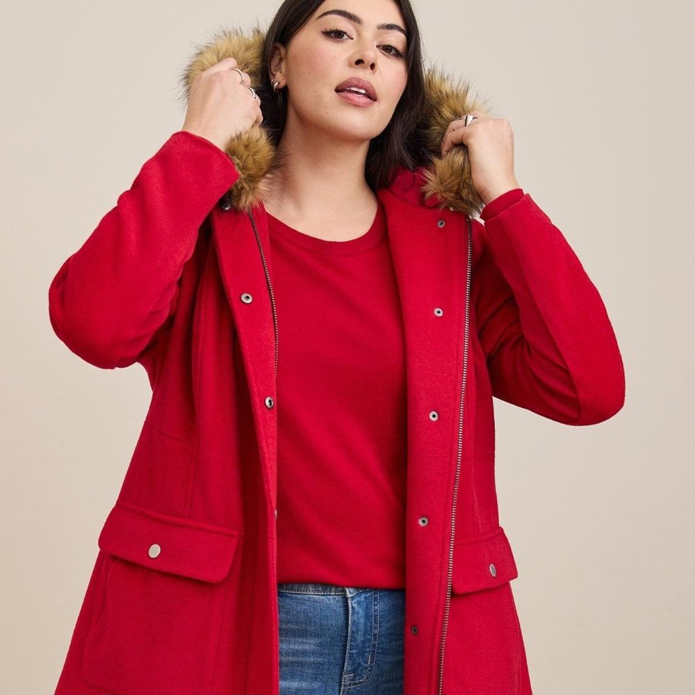 Torrid Red Hooded Coat with Faux Fur Trim